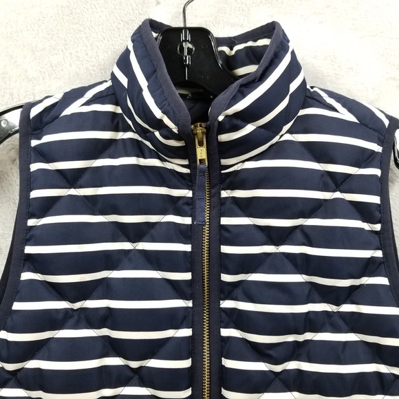 J Crew Puffer Vest Women XS Blue‎ White Striped Down Full Zip Packable Pockets - Picture 3 of 9
